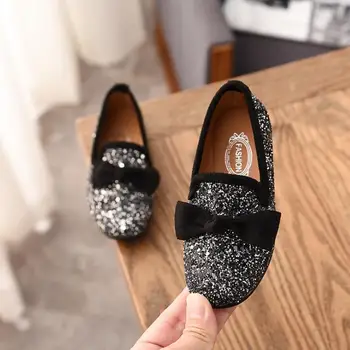 

Girls Princess Bow Shoes Fashion Sequins Glitter Leather Kids Flats Children's Loafers Party Wedding Halloween Shoes