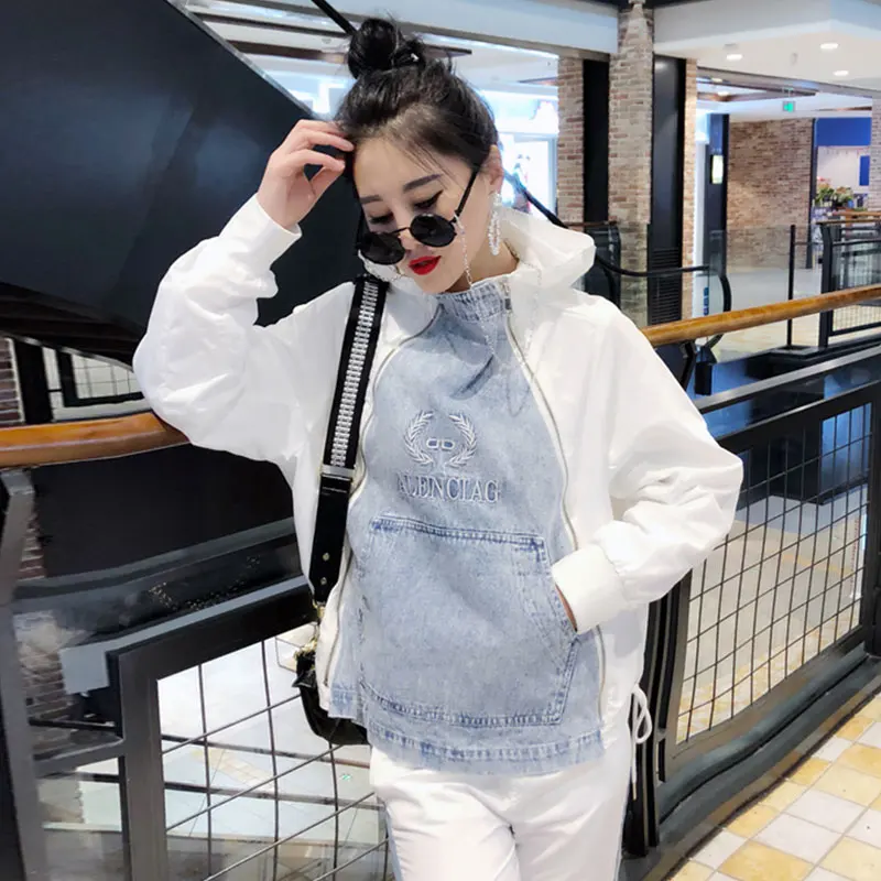 White jacket Весенний костюм, наборы для женщин, Модная Джинсовая куртка с капюшоном и вышитыми буквами, повседневные Костюмы, джинсовые штаны для женщин TY222 - Цвет: White jacket