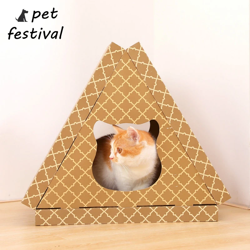 

Pet Festival DIY Corrugated Paper Cat House Have Small Window Cat Scratch Board Self Assembly Cat's House Carton Box Pet toys