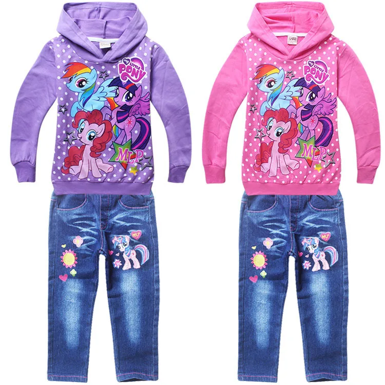 2015 little pony spring autumn baby girls clothing set sport kids pink 2 piece suit 4~8 age long sleeved Hoodies+jeans pants