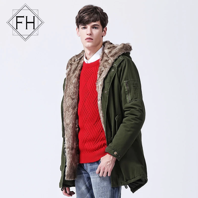 FUHAO New Warm Thick Long Jackets Men Army Green Coats