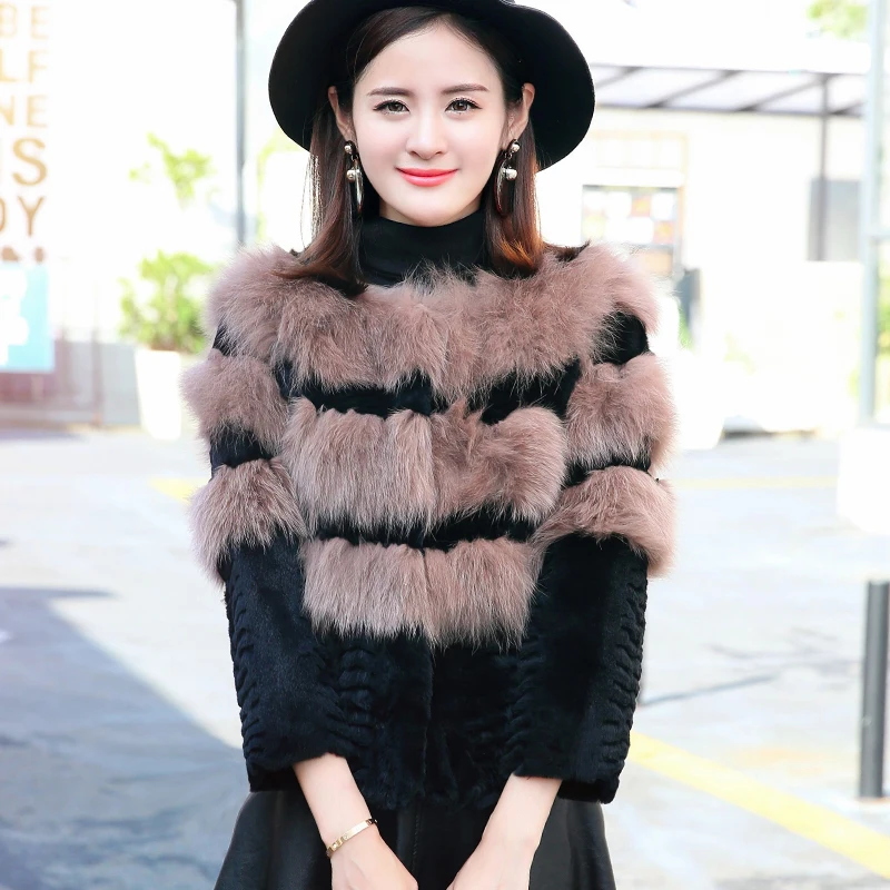 100% Real Fur Coats Women Natural Fox Fur and Rabbit Fur Patchwork Jackets Ladies Color Block Wave Shape Genuine Fur Jacket