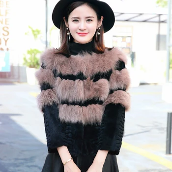 

100% Real Fur Coats Women Natural Fox Fur and Rabbit Fur Patchwork Jackets Ladies Color Block Wave Shape Genuine Fur Jacket