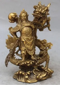 

25cm Chinese Fengshui Guan Gong Yu Warrior God Sword Stand in Dragon Statue