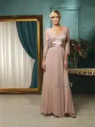 Бесплатная доставка 2015 vestidos Розовый V-образным Вырезом кружева с длинным рукавом шифон свадебное новый дизайн пользовательского длинные