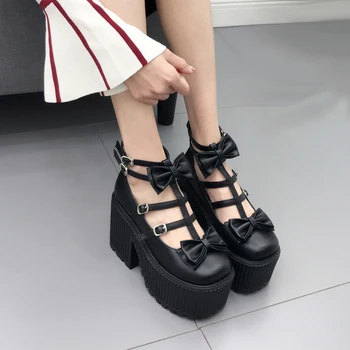 

Women Ankle Boots Spring Bowknot Punk Style Martin Boots Buckle Black Shoes Women Party Pumps Chunky Heels Motorcycle Boots