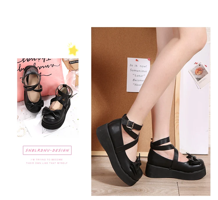 Японский kawaii для девочек; милые туфли в стиле «Лолита» круглый носок, толстая подошва, милый бант обувь kawaii платья диснеевских принцесс лоли женская обувь