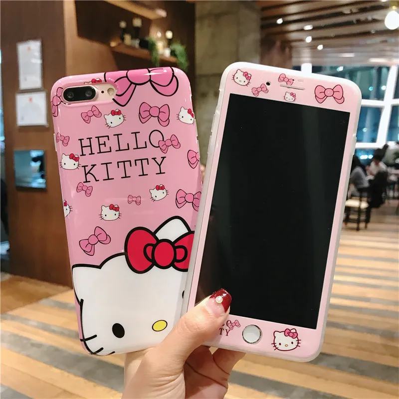 Cute KT cover For iPhone 8 8Plus Case + Tempered Glass
