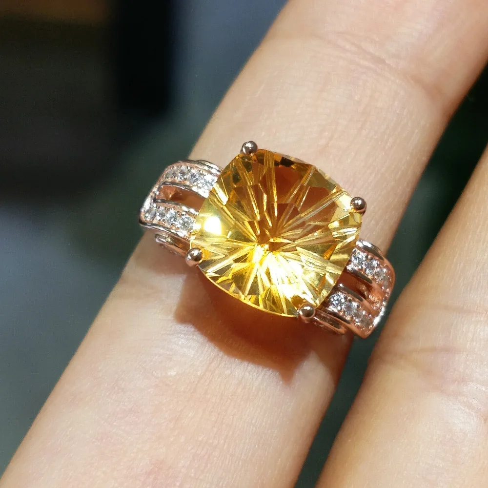 FLZB, милое кольцо с натуральным цитрином драгоценным камнем футбольной огранки, 10*10 мм, 5.8ct, серебро 925 пробы, с покрытием из розового золота, большое кольцо