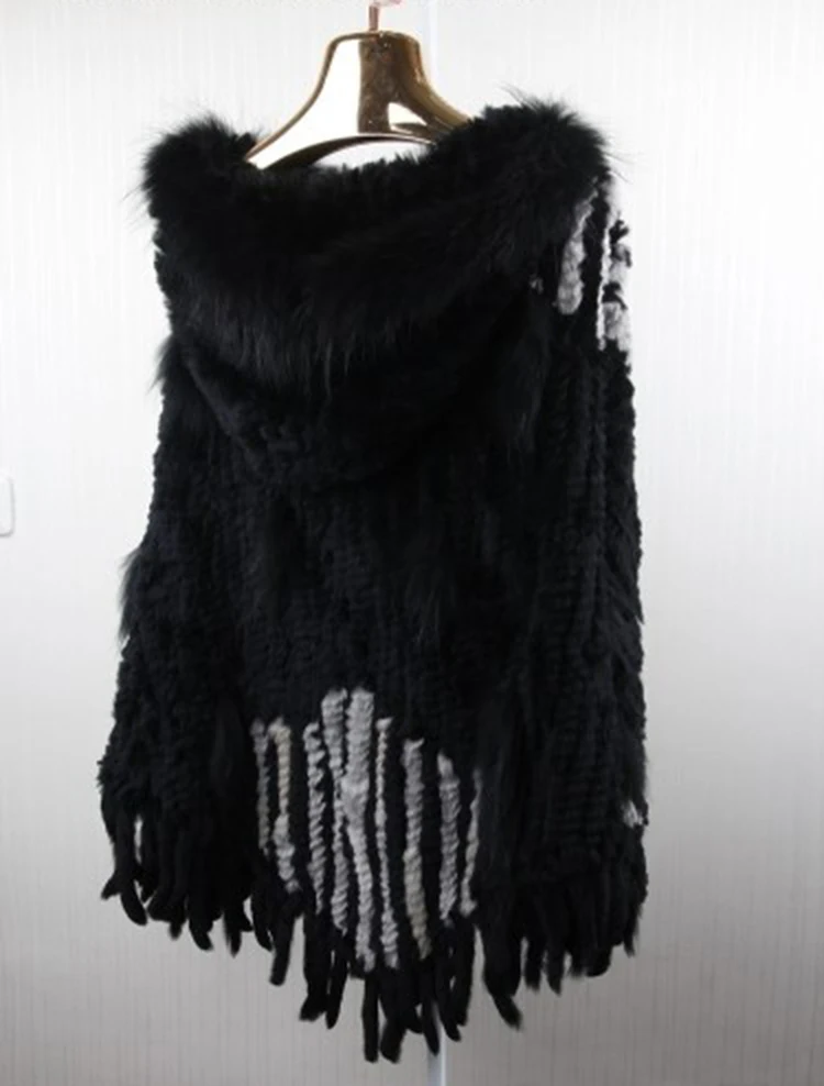 Perfect 2014  Real Rabbit Fur Knitted Shawl With Hood  Raccoon Fur Poncho Fur Cape  BE1438 EMS Free Shipping 7