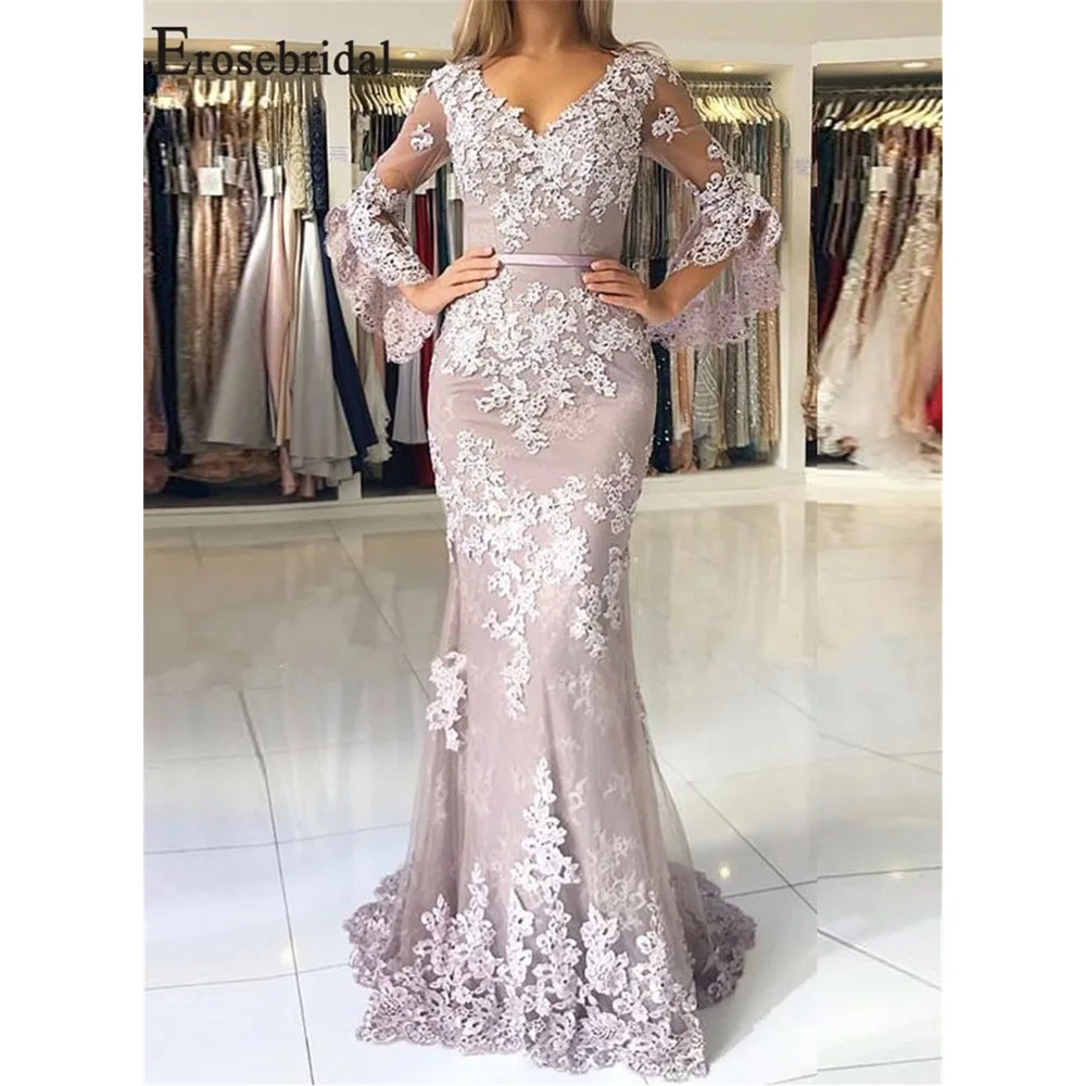 

Erosebridal New Arrival Glamorous V-Neck Mermaid Evening Dresses 2019 Elegant Lace Appliques Party Long Dress Formal Gowns