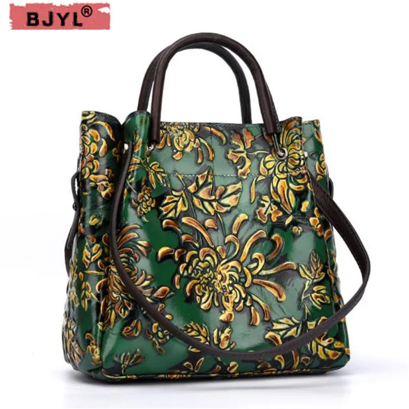 

BJYL Vintage hand-brushed flowers trend Leather women handbags embossed ladies oblique large-capacity female shoulder bags