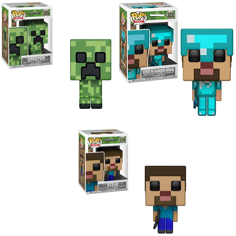 Funko pop Minecraft-Крипер, Стив, Стив в алмазной доспехах фигурка аниме модель ПВХ Коллекция игрушек для детей Подарки