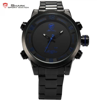 

Men's Gulper SHARK Sport Watch Japan Movement Steel Band Blue LED Light Date Alarm Digital Waterproof Quartz Watches Gift /SH362