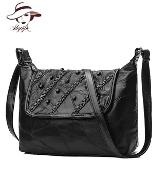 

Ladies Sheepskin Genuine Leather Bag Handbags Fashion Rivet Women Tote Black Patchwork Female Shoulder Bag Large Bolsa Feminina