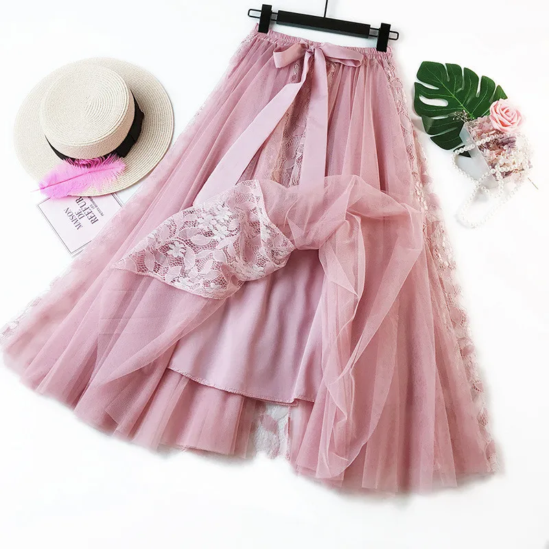 Женский, сетчатый юбка, в Корейском стиле; сезон лето модные большие Размеры Для женщин леггинсы с кружевными бантиками сплайсинга миди Однотонная юбка Повседневное юбки-пачки SY5034 - Цвет: pink skirt