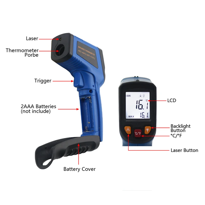 Бесконтактный лазерный ИК инфракрасный термометр цифровой C/F выбор одиночный/двойной лазерный пирометр Imager lcd измеритель температуры