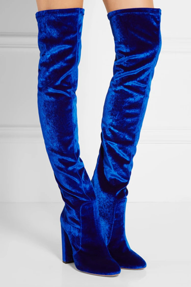 Azul Terciopelo Elástico Botas de Mujer Tacón Grueso Botas Altas de Las Mujeres zapatos de Tallas grandes Bottes Femmes 2018 de Invierno Sobre Las Botas de Rodilla|thigh high boots women|heel thigh