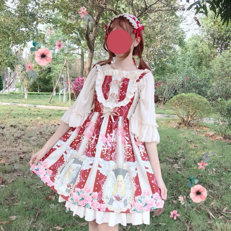 

Lolita Dress Sweet Cute Kawaii Girls Princess Maid Vintage Ruffles Dress Puff Sleeveless Red Black Pink Women dress