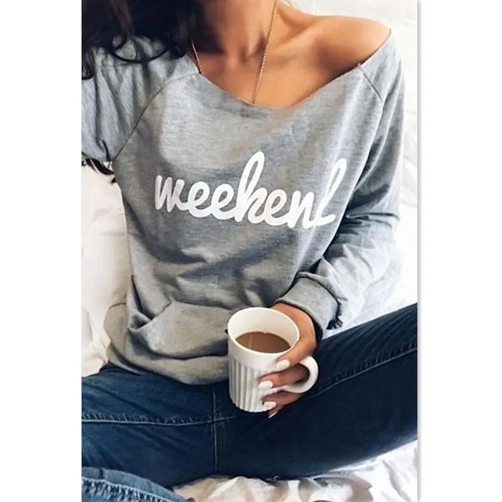 

Feitong Women's Letter Printed Sweatshirts Autumn Ladies Causal Strapless Sweatshirt Pocket Long Sleeve Pullover sudaderas mujer