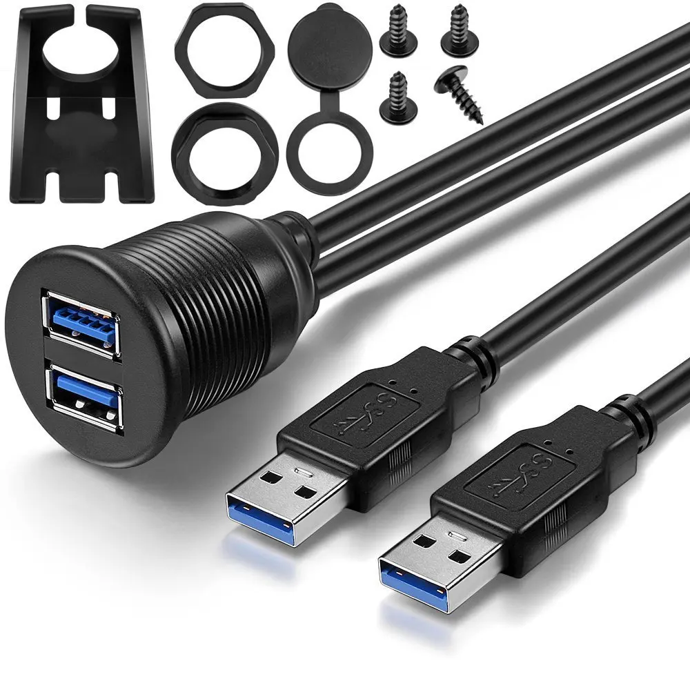 

2 Ports Dual USB 3.0 Male to USB 3.0 Female Car USB Panel Flush Mount Cable Dash Mount Extension