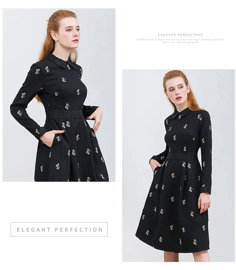 Только плюс модное зимнее плотное платье с вышивкой элегантное ТРАПЕЦИЕВИДНОЕ Женское зимнее платье облегающее черное платье с воротником Питер Пэн