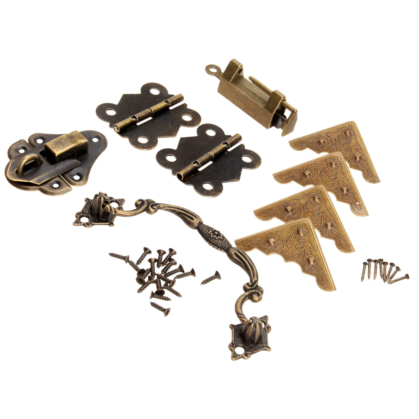 9Pcs/set Furniture Hardware Chinese Brass Hardware Antique Wooden Box Latch Hasp+Pull Handle+Hinges+Corner Protector+Old Lock