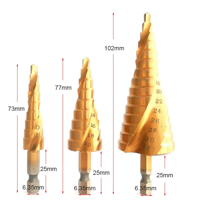 3 шт. 4-12 мм 4-20 мм 4-32 мм HSS титановое ступенчатое сверло конусное спиральное Рифленое сверло бит шестнадцатеричный хвостовик Дырокол резец металл дерево сверло набор