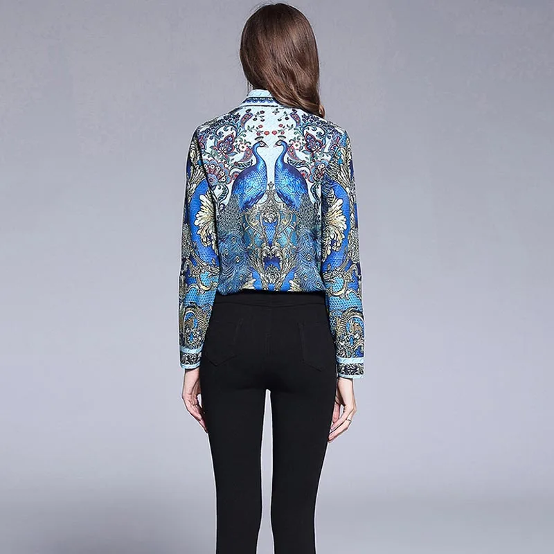 JKKFZY Women Luxury Shirt 2018 Summer New Fashion Peacock Print Long Sleeves Shirt Elegant Casual Blouse Female Vintage JKKFZY Women Luxury Shirt 2018 Summer New Fashion Peacock Print Long Sleeves Shirt Elegant Casual Blouse Female Vintage