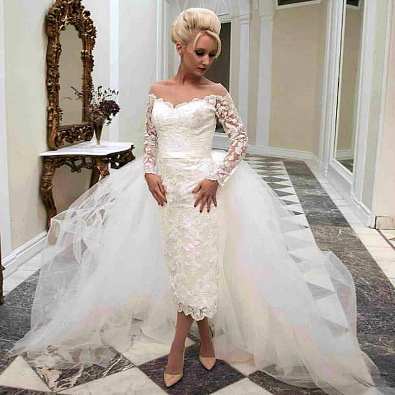 

2019 Elegant vestido de noiva Appliques Long Sleeve Wedding Dresses With Detachable Skirt Wedding Dresses Short Front Long Back