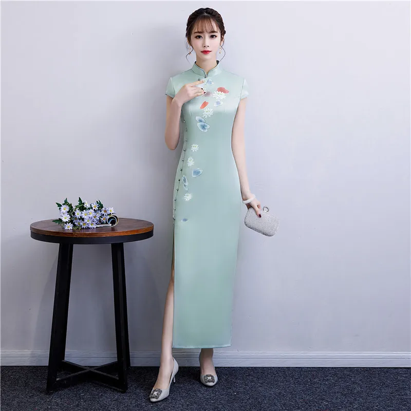 Nueva estampado Rosa Cheongsam larga vestidos Chinoise elegante bata Qi Pao mujeres chino tradicional ropa vestido diio