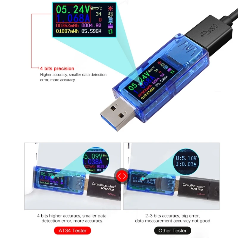 AT34 USB 3,0 цветной дисплей тестер ЖК-Вольтметр Амперметр Напряжение измеритель тока Горячая Распродажа