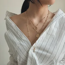 Осень и зима Популярный золотой монета крест свитер цепи INS ветер модное ожерелье