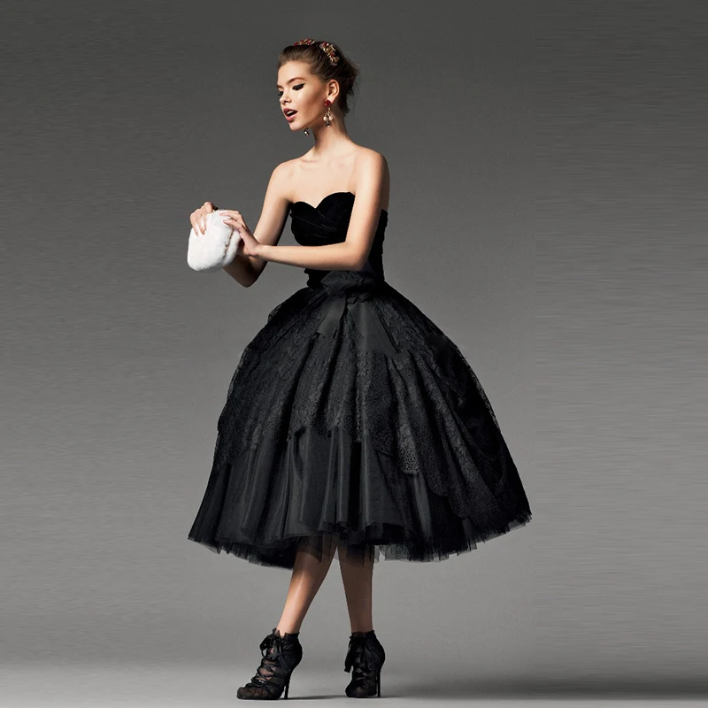 black tea length wedding dress