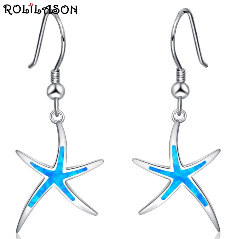 

ROLILASON Simple Design Blue Star Shape 925 Silver Opal Earrings Pendant Earrings 925 Print Fashion Jewelry OE788