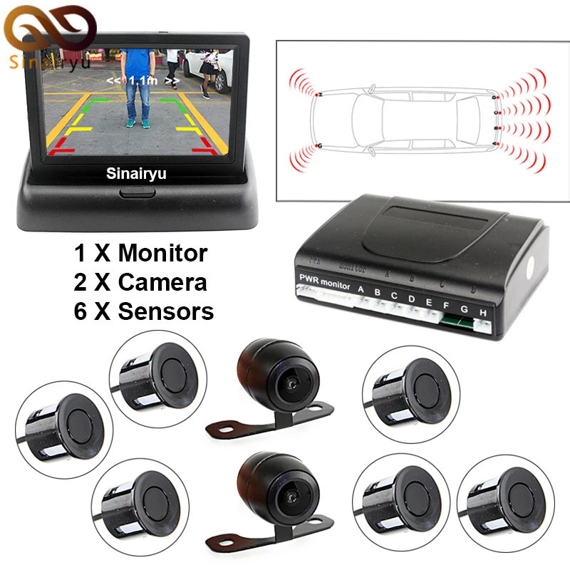 

3 in 1 Car Video Parktronic Parking Assist System, 6 Sensors Parking Sensor + 1 Rear&Front View Camera + 4.3 Folder Car Monitor