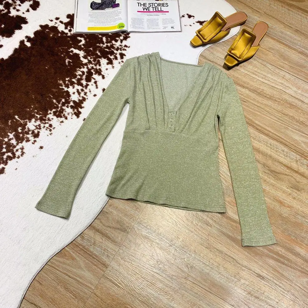 

2019 New Women's Fashion Long Sleeve Pleated V-neck Long Sleeve Top 0709