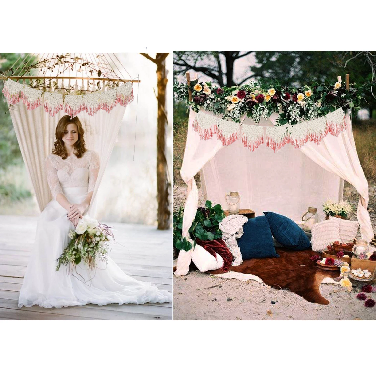 

Wedding Scene Handmade Tapestry Macrame Wall Art Hand-woven TapestryHanging Tapestry with Lace Fabric for Home Decor