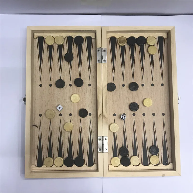 

Wooden Folding Portable Travel Game Chess International Checkers Backgammon 3 in 1 Set Outdoor Gift