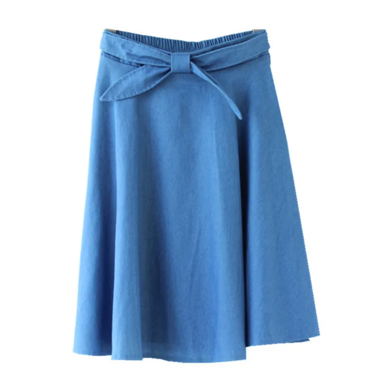 PEONFLY лук пояс с высокой талией эластичная джинсовая юбка для женщин 2019 весна лето до колена длина корейский элегантный трапециевидной