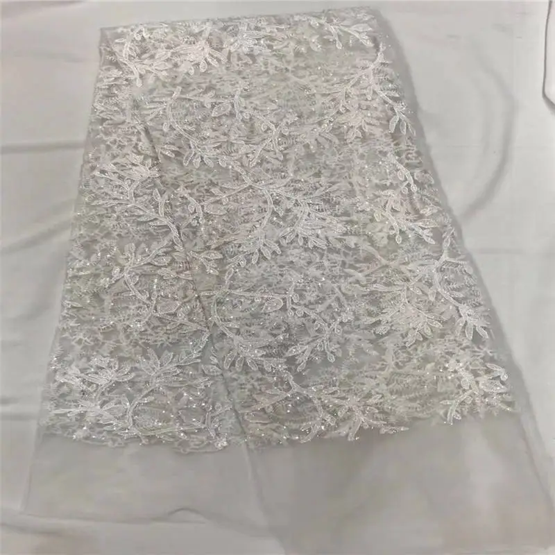 

2018 Embroidery mesh tulLe lace fabric 5yards flower pattern beaded african pink beads lace fabrics wholesale for wedding party