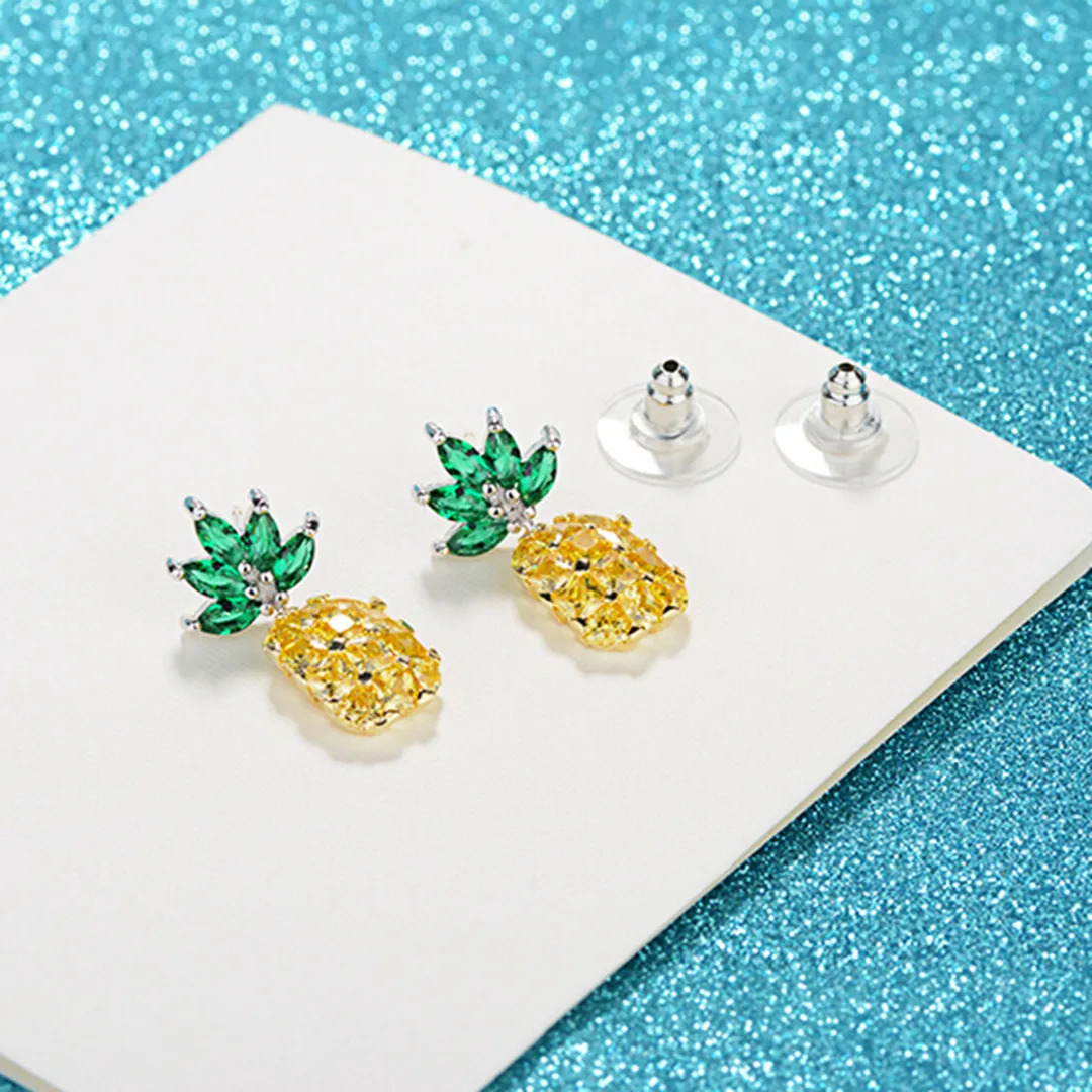 Womens Girls Cute Bling Gold Pink Fruit Pineapple Crystal Ear Stud Earring