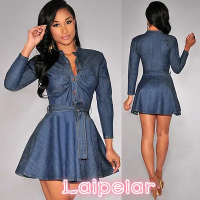Bowknot Belt Long Sleeve Dresses Fashion Women Slim Fit Blue Denim Jean Dress Plus Size Laipelar