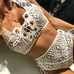 HAPPYSHARK See Through кружевной купальник Высокая Талия комплект бикини Для женщин расширить Shoulden купальник с ремешками крест бандажные бикини