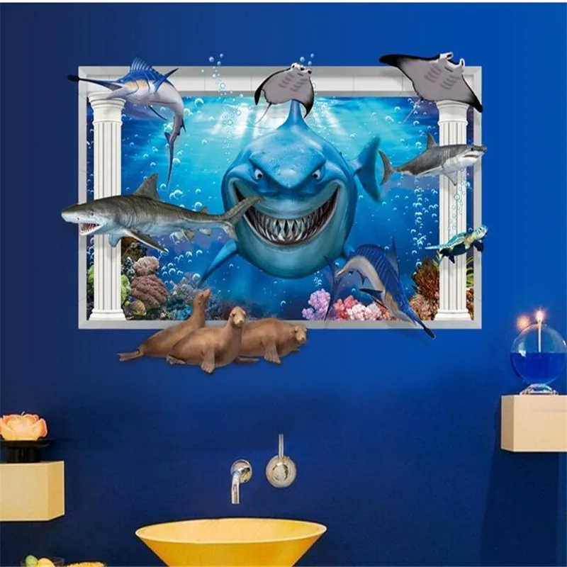 Living Room Bedroom decor 3D Underwater World Shark Removable Wall