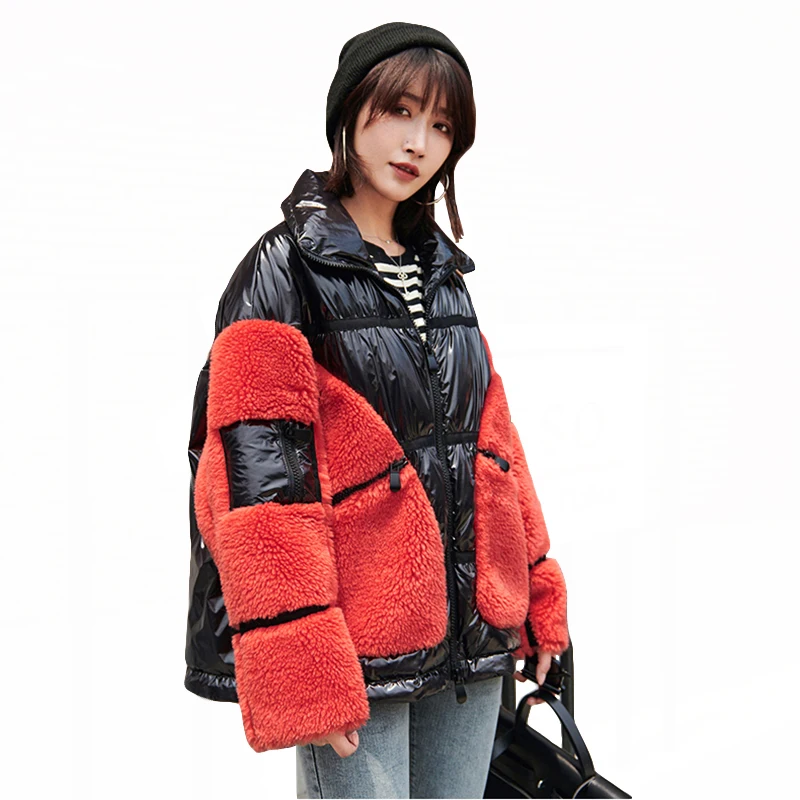 

High Grade Wool Fur Coat Patchwork White Duck Down Jacket For Women Long Coat 2019 New Arrival Parka Winter Womens Glossy Coats