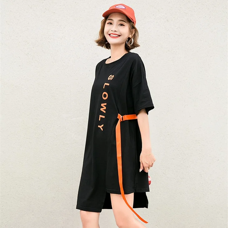 

Women Summer Dress 2019 Korean Casual Letter Printed Short Sleeve Asymmetrical Cotton Tshirt Dress Black White Plus Size D238