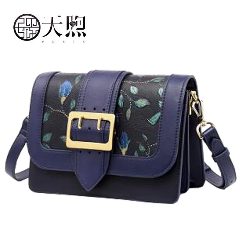 

Genuine Leather women bag Chinese wind embossed shoulder bag Cowhide messenger bag Commuter small square package