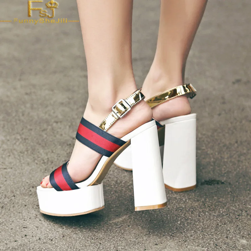 

Red and Navy Chunky Heels Platform Sandals Open Toe High Heels Summer Party Music Festival Shoes Woman 2019 Plus Size 4-16 FSJ