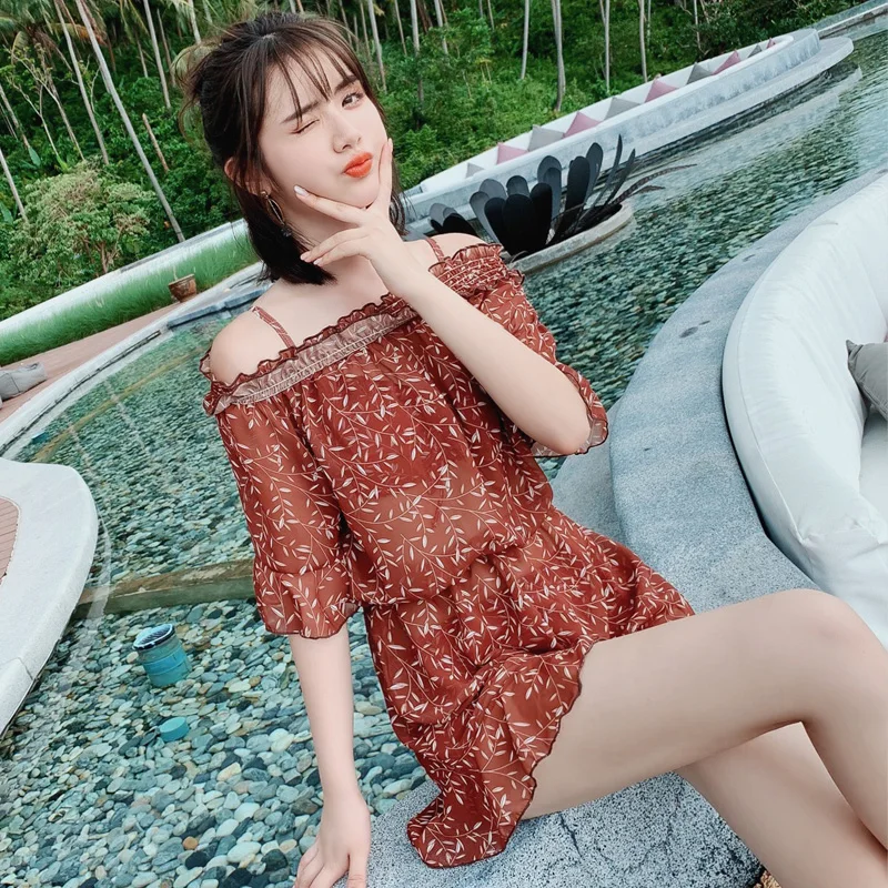 

2019 New Arrival Women Two Piece Suits Red Bamboo Leaf Prink Swimsuit Summer Vintage Beachwear Sand Mid Waist Swimming Suit